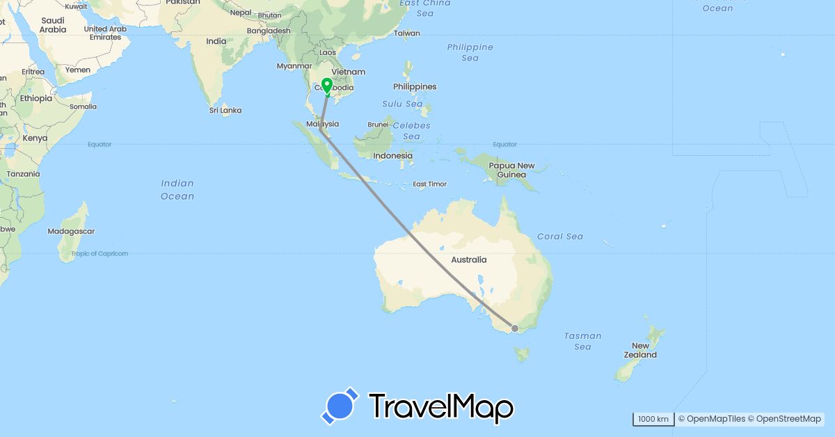 TravelMap itinerary: driving, bus, plane in Australia, Cambodia, Malaysia (Asia, Oceania)